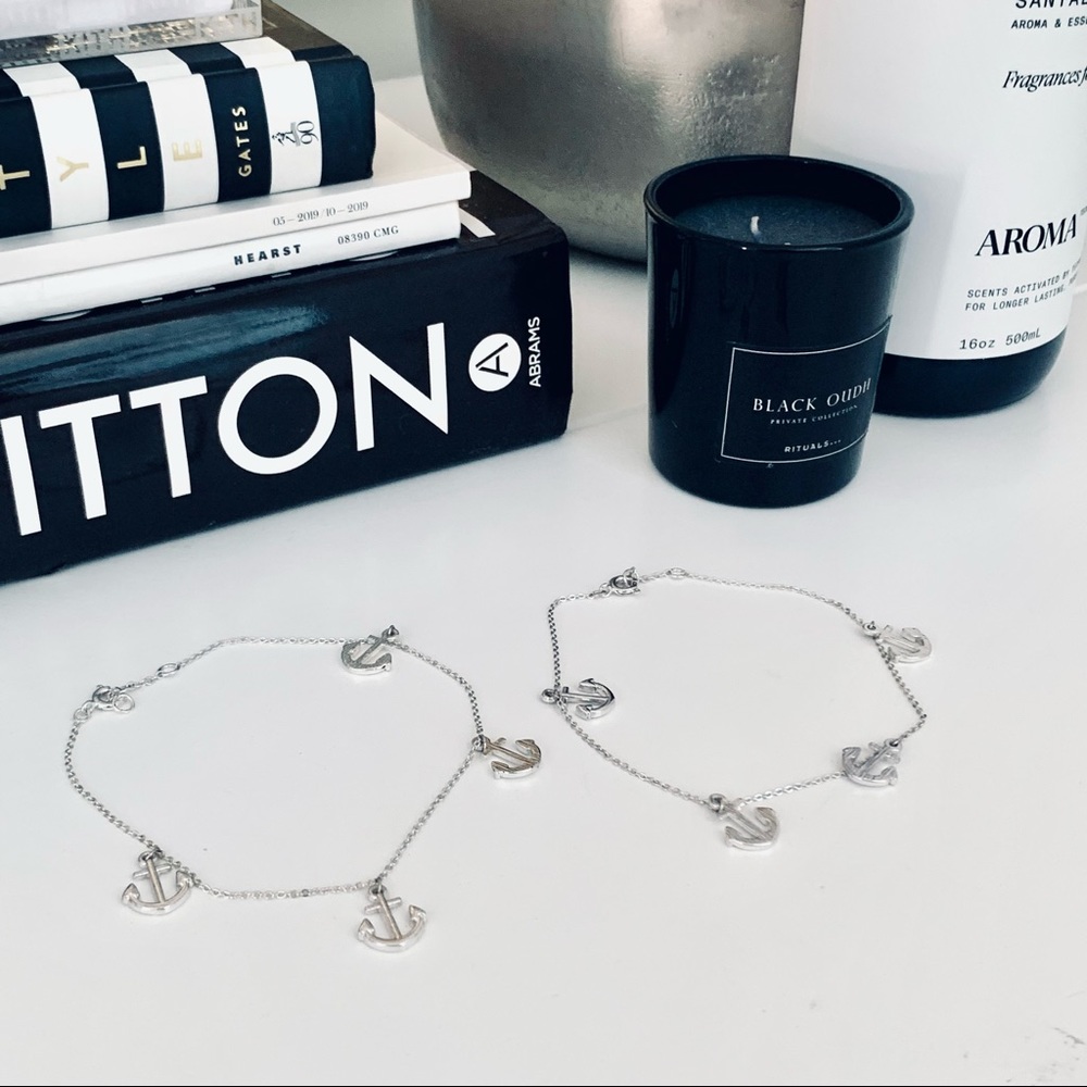 Set of 2 Nautical Silver Dainty Sailor Anchor Charm Ankle Bracelets